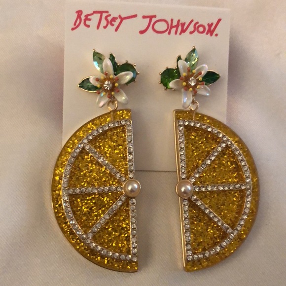 Betsey Johnson Gold Tone & Yellow Lemon Slice Drop Earrings Crystal Accents NWT - Picture 6 of 11